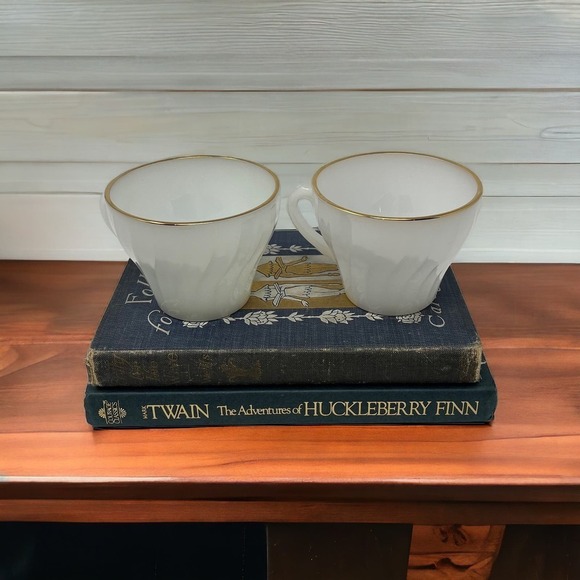 Vintage Fire King Anchor Hocking Coffee Tea Cup White with Gold Rim Set of Two - Picture 1 of 5